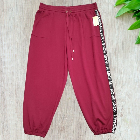 Michael Kors Pants - Michael Kors Jogger Sweatpants Plus Size 2X Dark Ruby Red Spell Out Stripe NEW